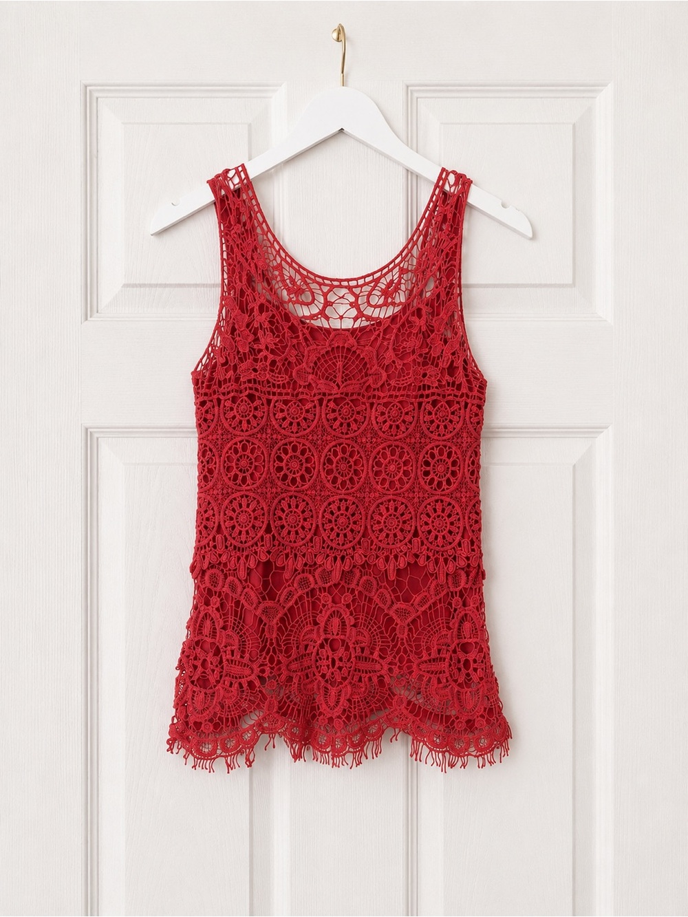 Valerie Bertinelli Coral Crochet Lace Tank Boho Cotton Small